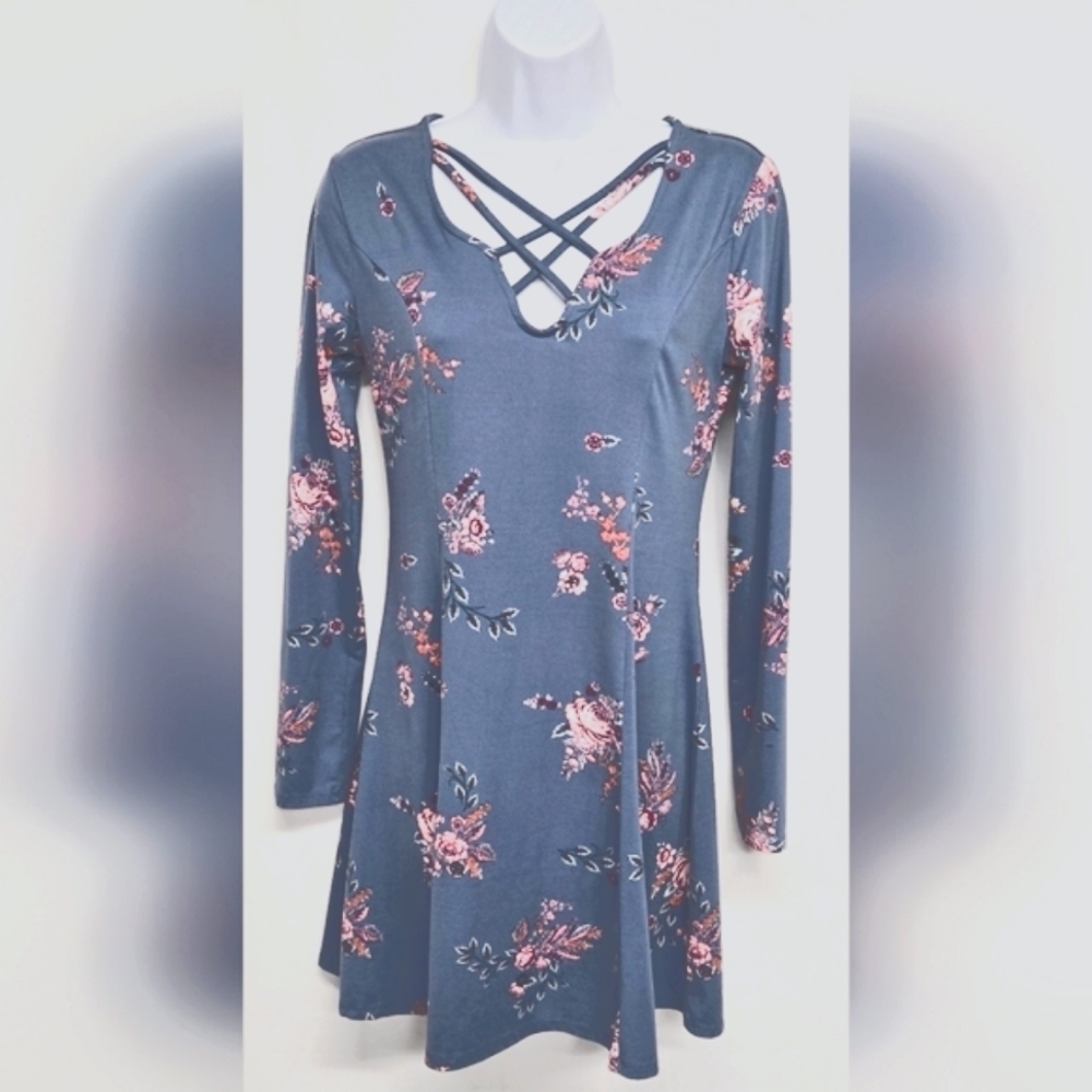 Mudd M Dress Stretch A Line Long Sleeve Strappy Blue Floral Above Knee